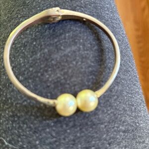 Talbots Silver Tone Hinged Cuff Bracelet Double Faux Pearl Ends